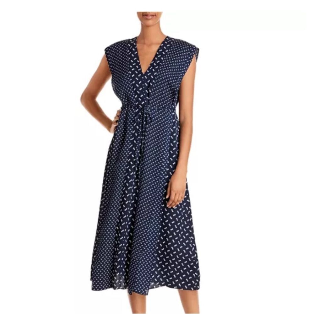 THEORY V-Neck Midi 100% Silk Navy Microlink Pattern Georgette Dress Large L